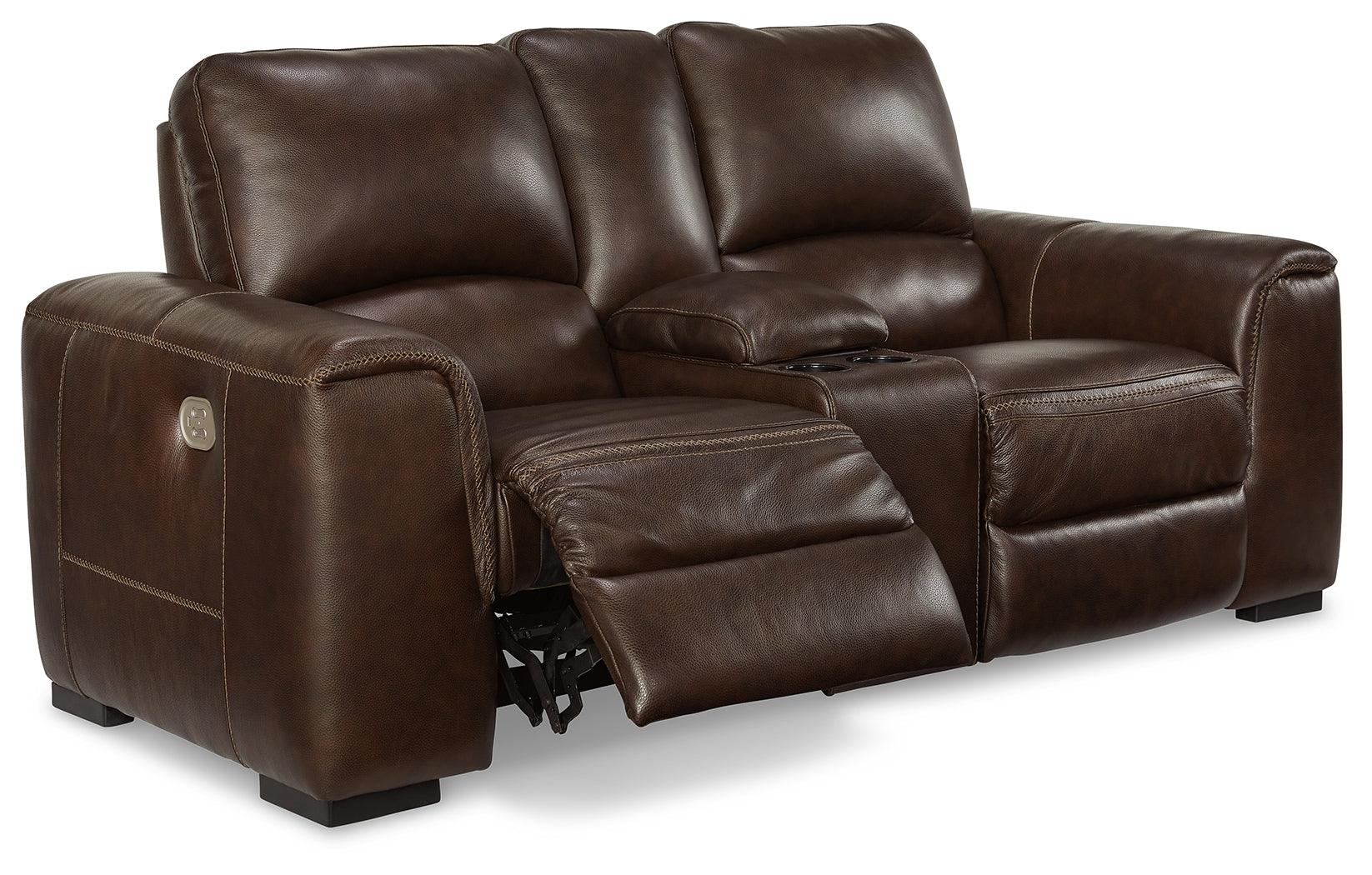 Close-up of Easy View adjustable headrest on Alessandro loveseat