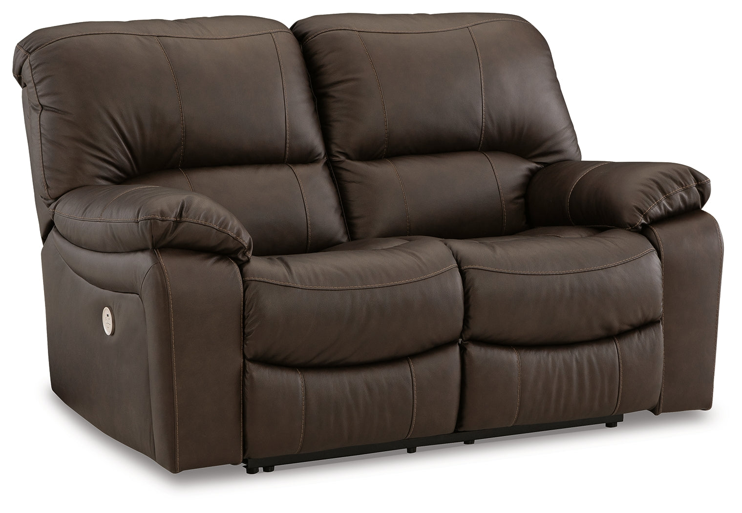 Leesworth dark brown leather loveseat reclining detail