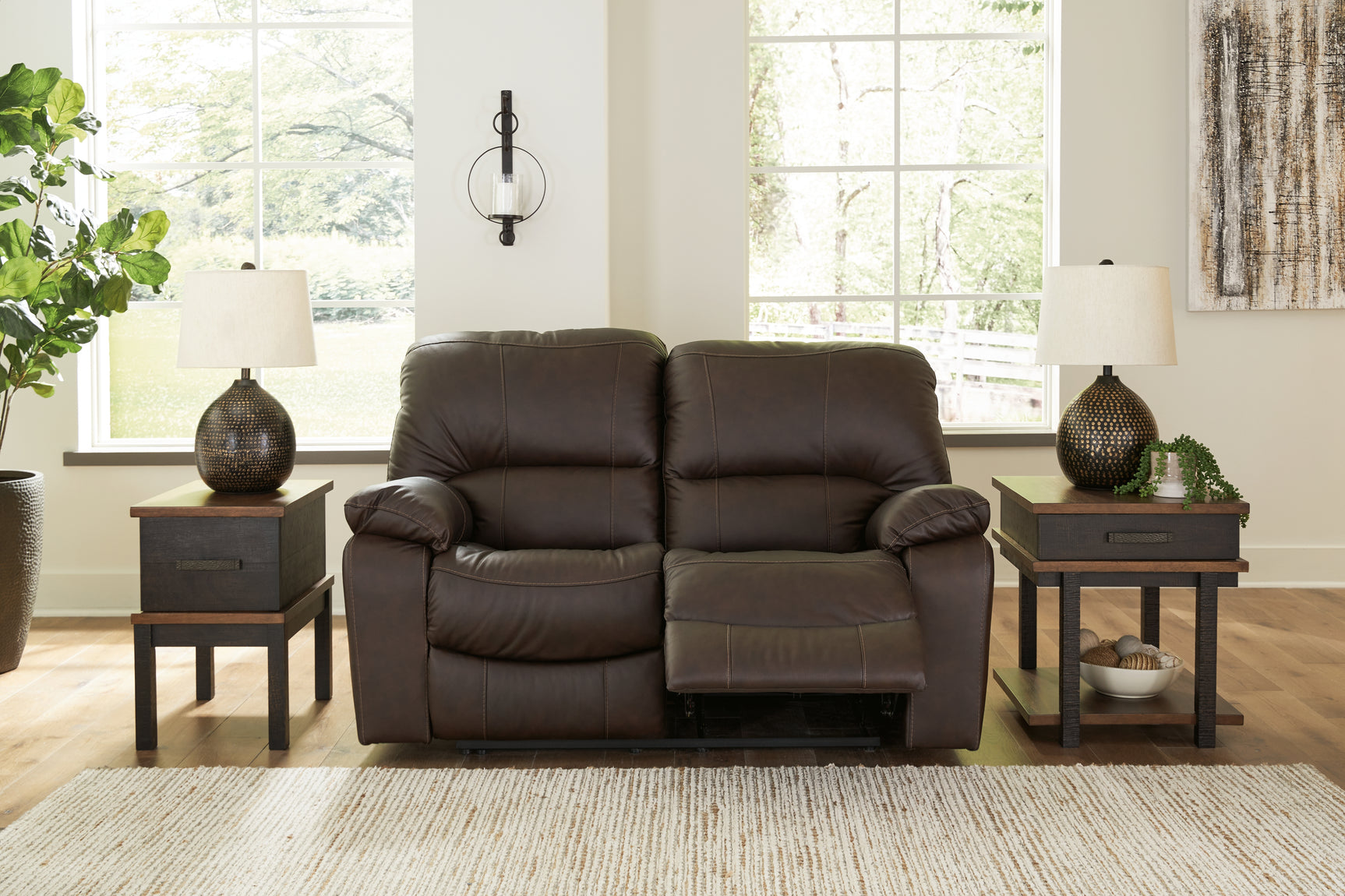 Leesworth 3-piece dark brown reclining sofa set front view
