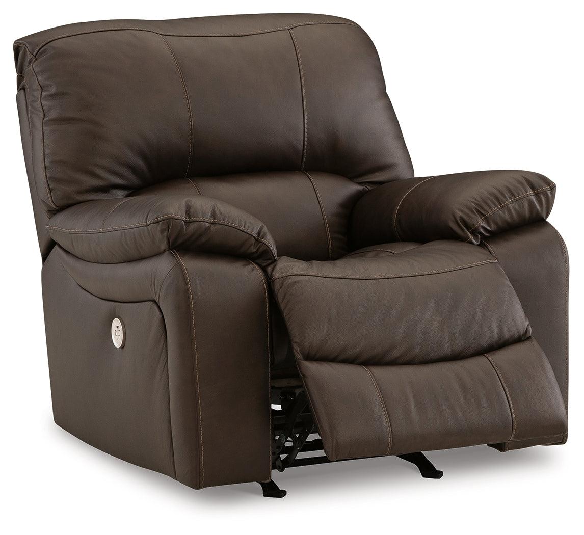 Reclined position of Leesworth Dark Brown Leather Power Recliner