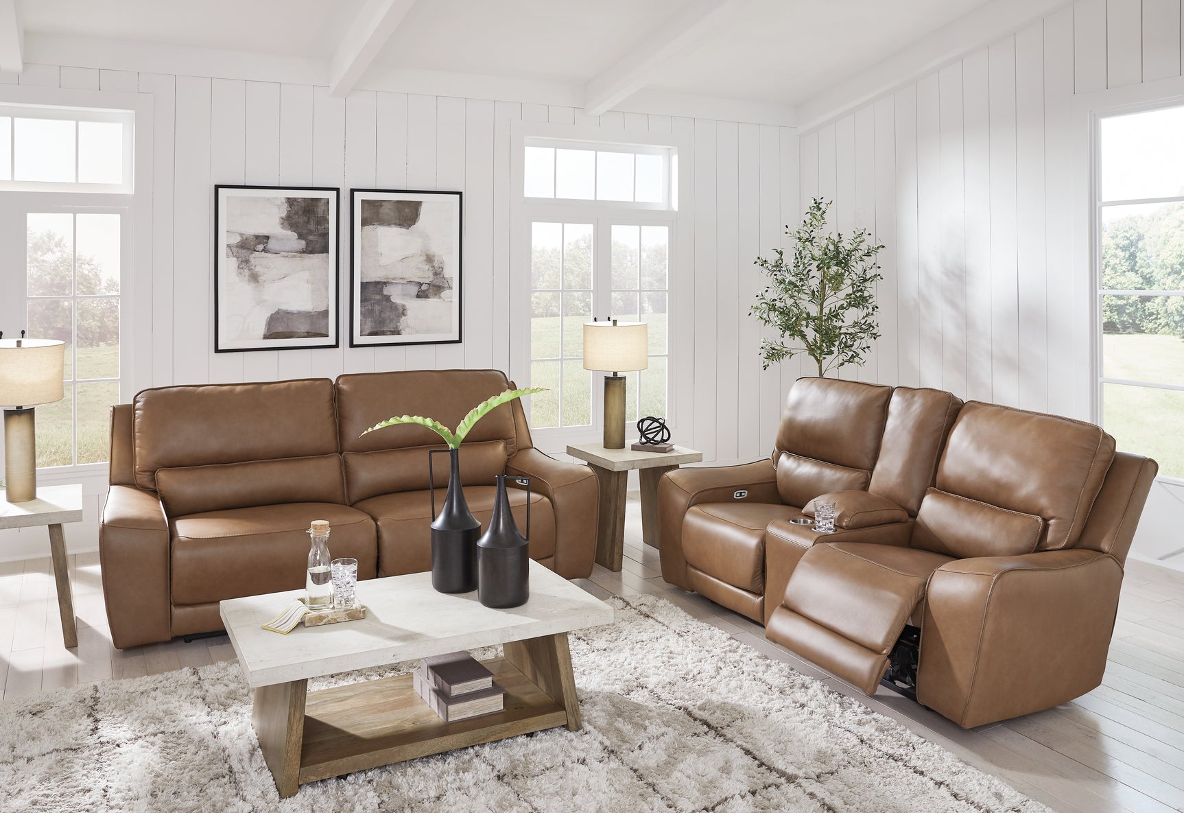 Living room setting with DeepWakes caramel leather sofa