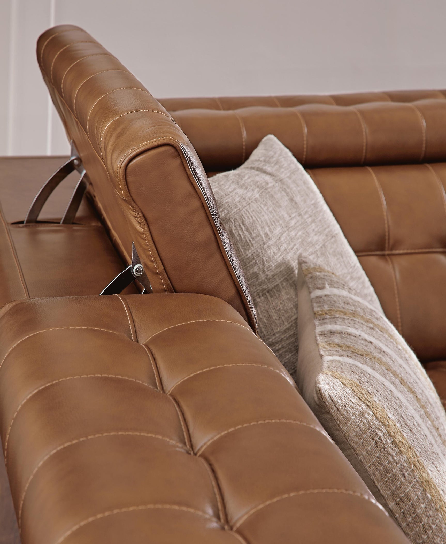 Detail of adjustable headrest on Temmpton reclining sectional