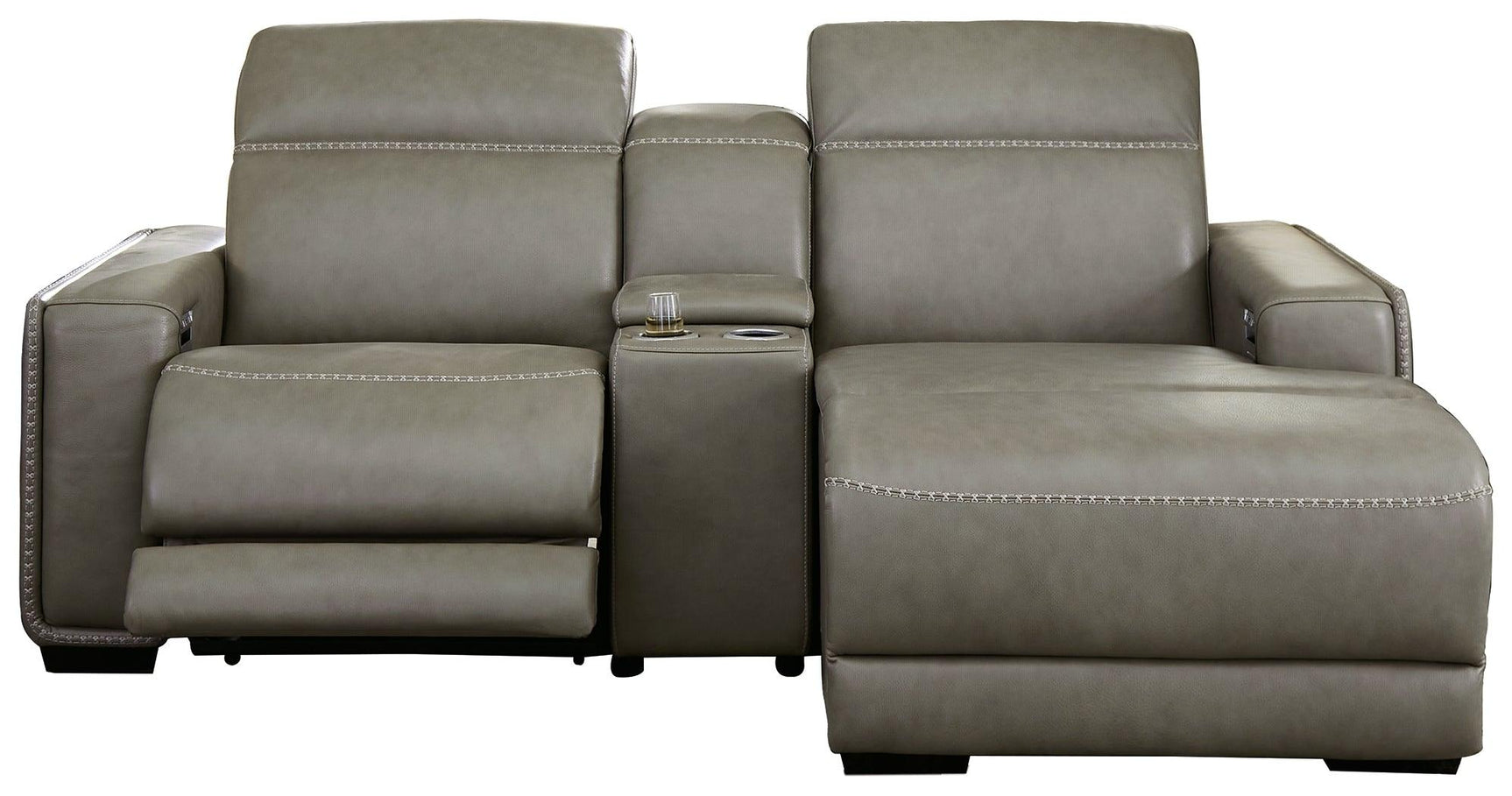 Correze Gray Power Reclining Sectional close-up on USB port and stitching details