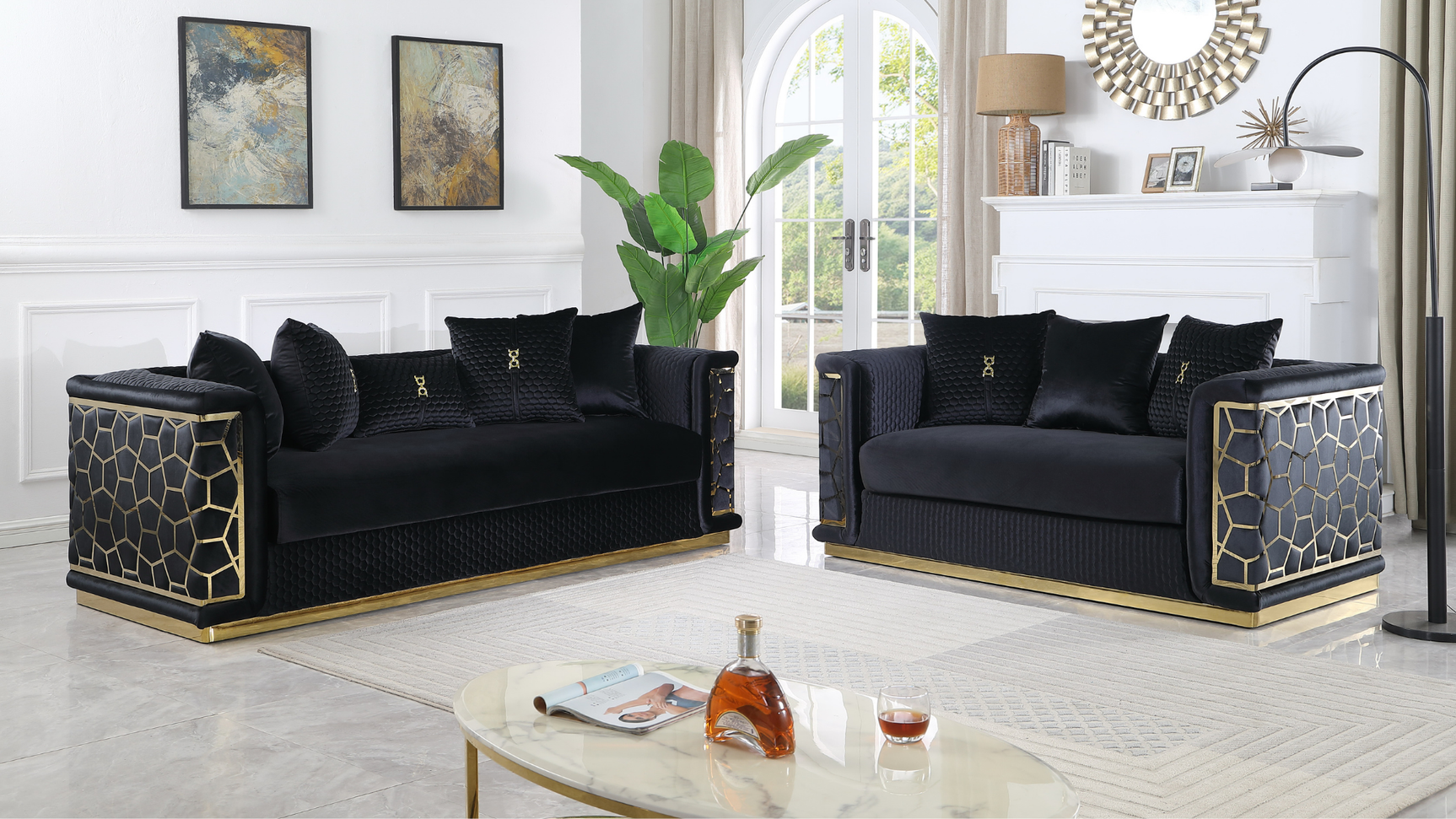 Stella Black Sofa, Loveseat, and Chair Set with Pillows Included view 2