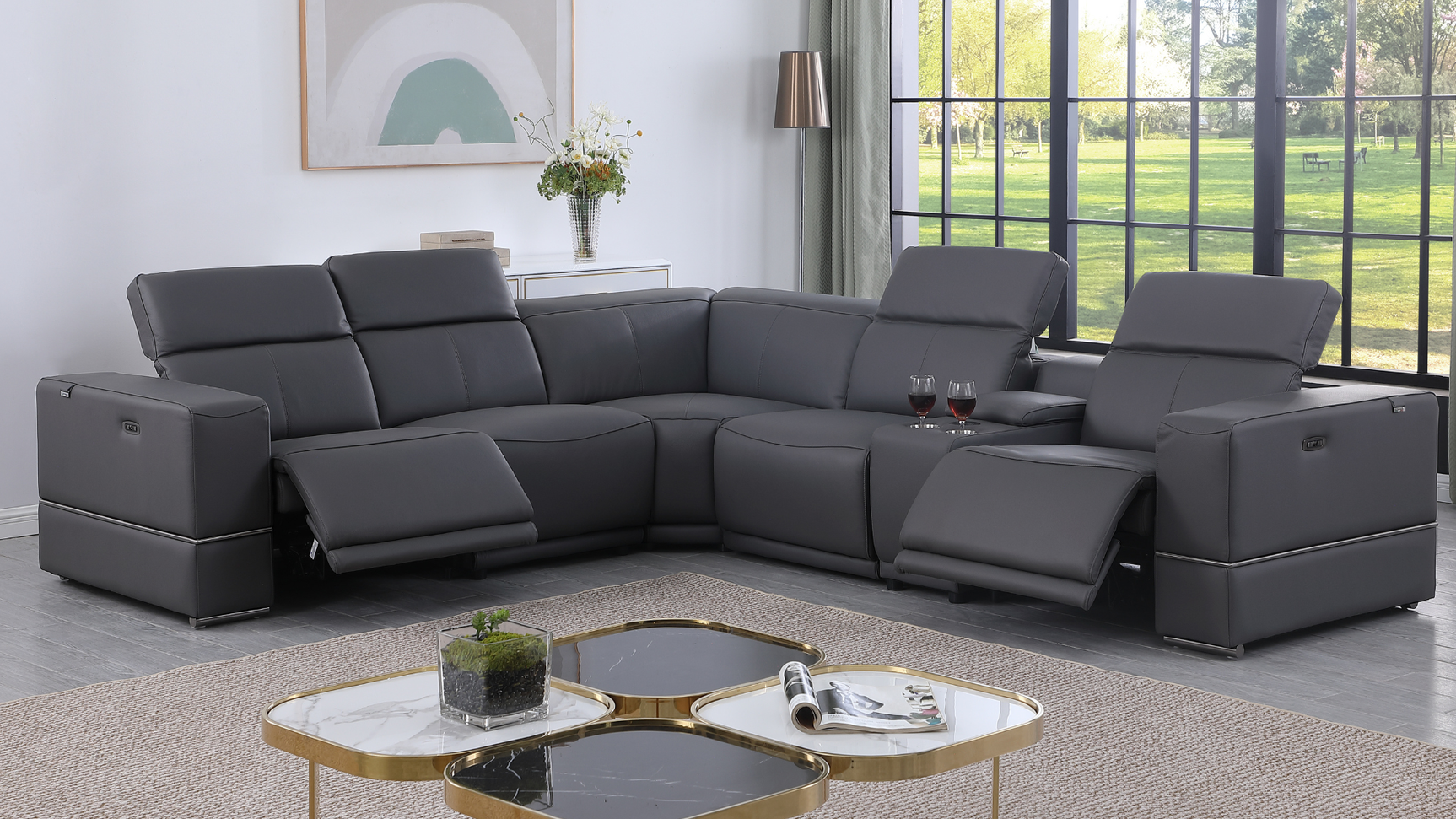 Franco 6-Piece Dark Grey Italian Leather Match Power Reclining Sectional with Storage Console and Cupholders from Decor Furniture