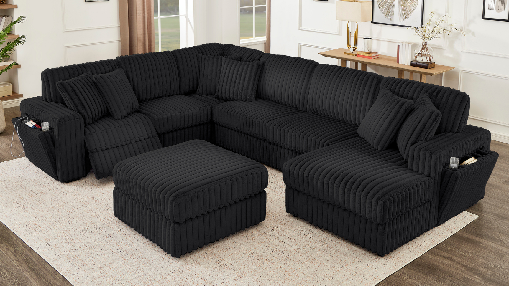 Rana black sectional right side with hidden cupholder and charging ports