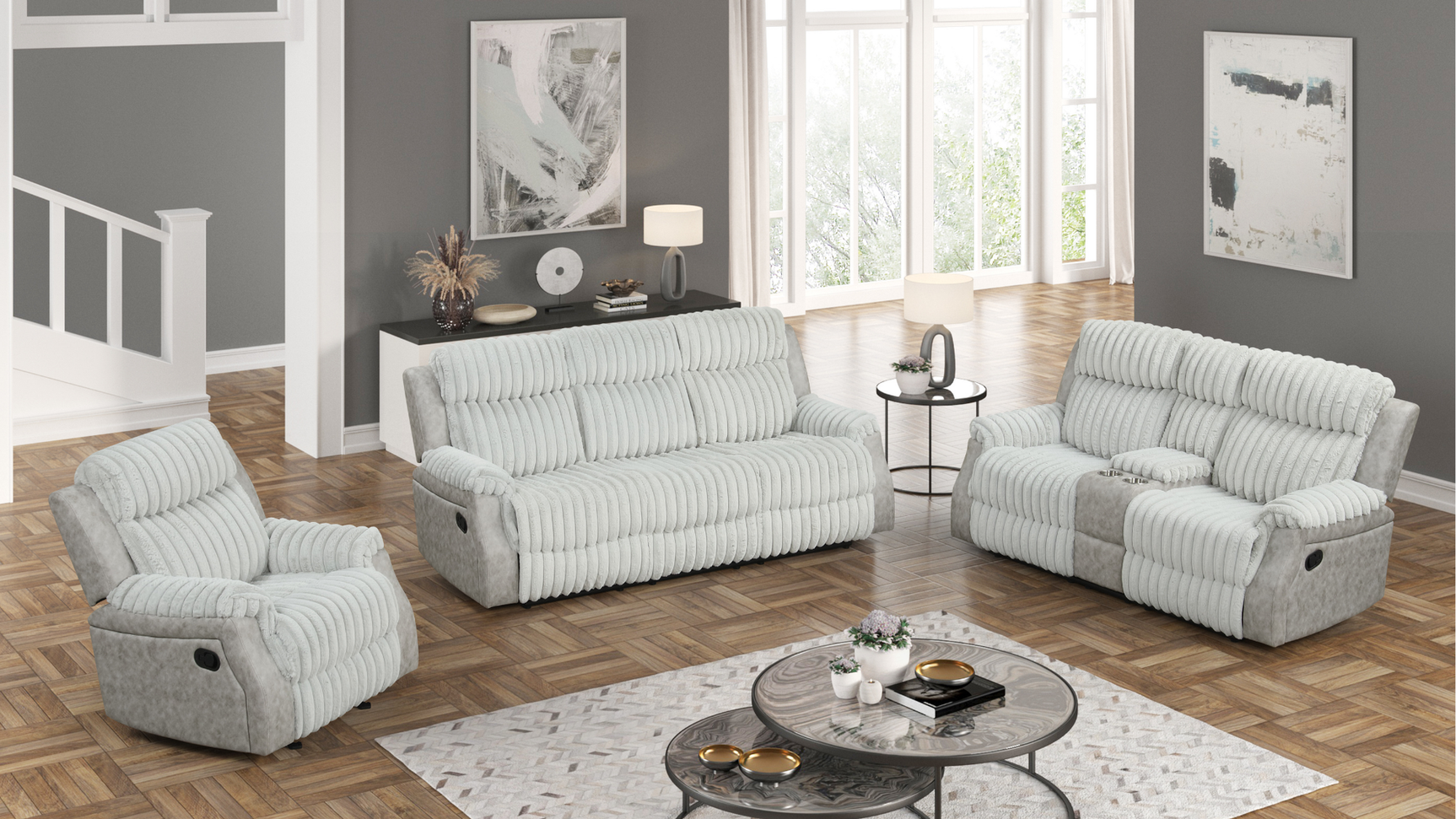 Willow Grey reclining sofa front angle