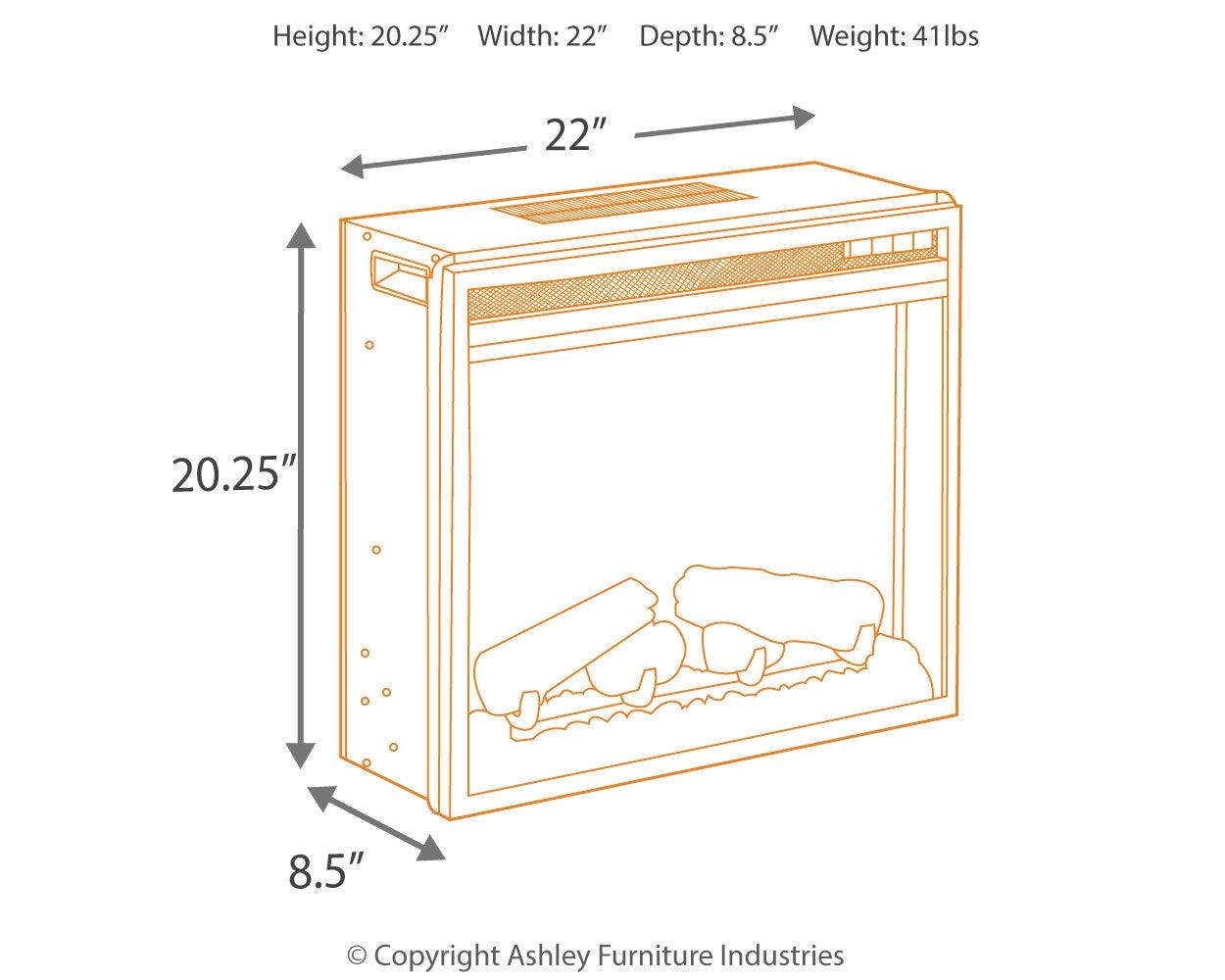 Dimensions diagram for electric fireplace insert W100-02