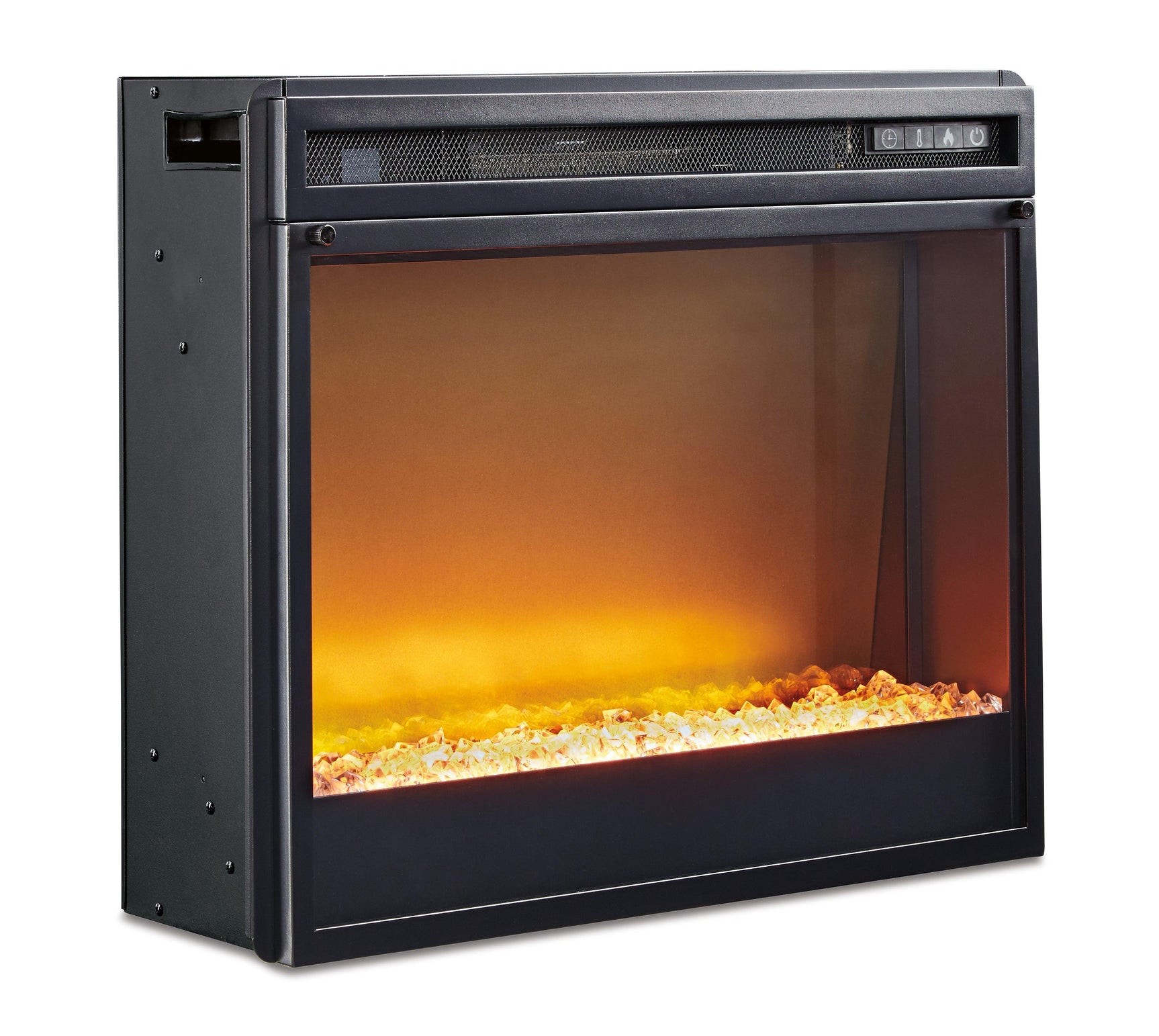 Top view of black contemporary electric fireplace insert