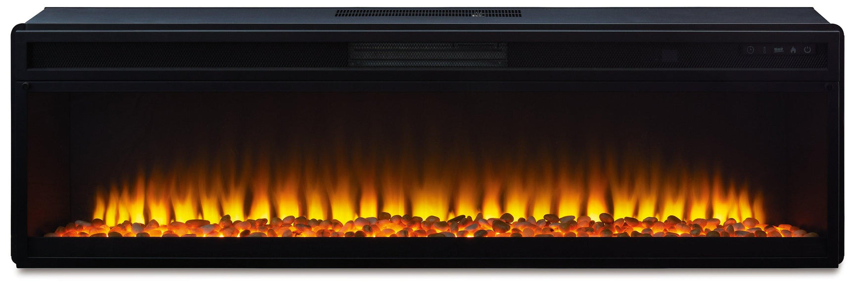 Head-on view of electric fireplace insert with glowing ember effect