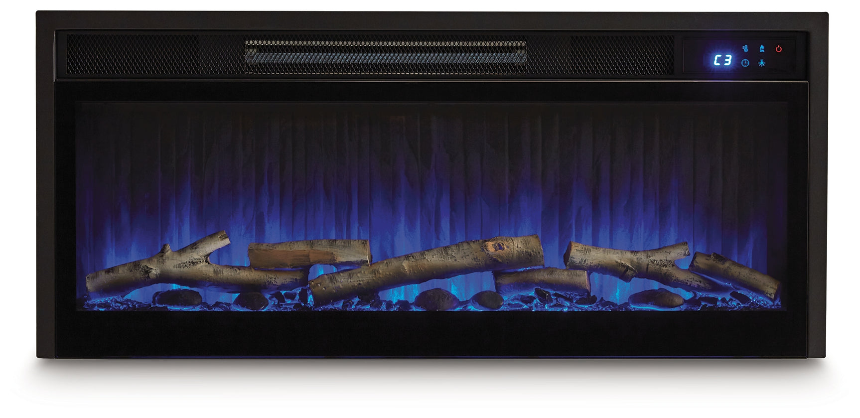 Electric fireplace insert head-on glowing blue flame