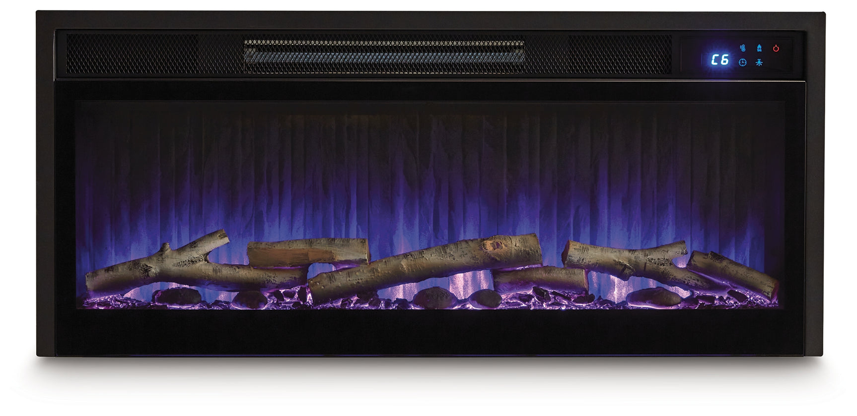 Electric fireplace insert head-on glowing cyan flame