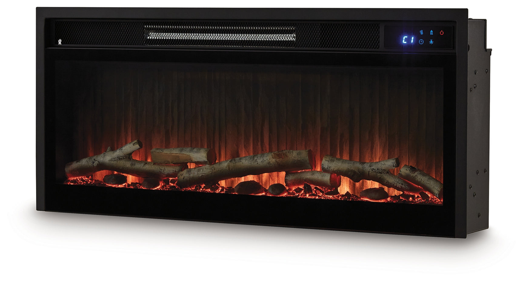 Electric fireplace insert glowing orange flame alternate angle