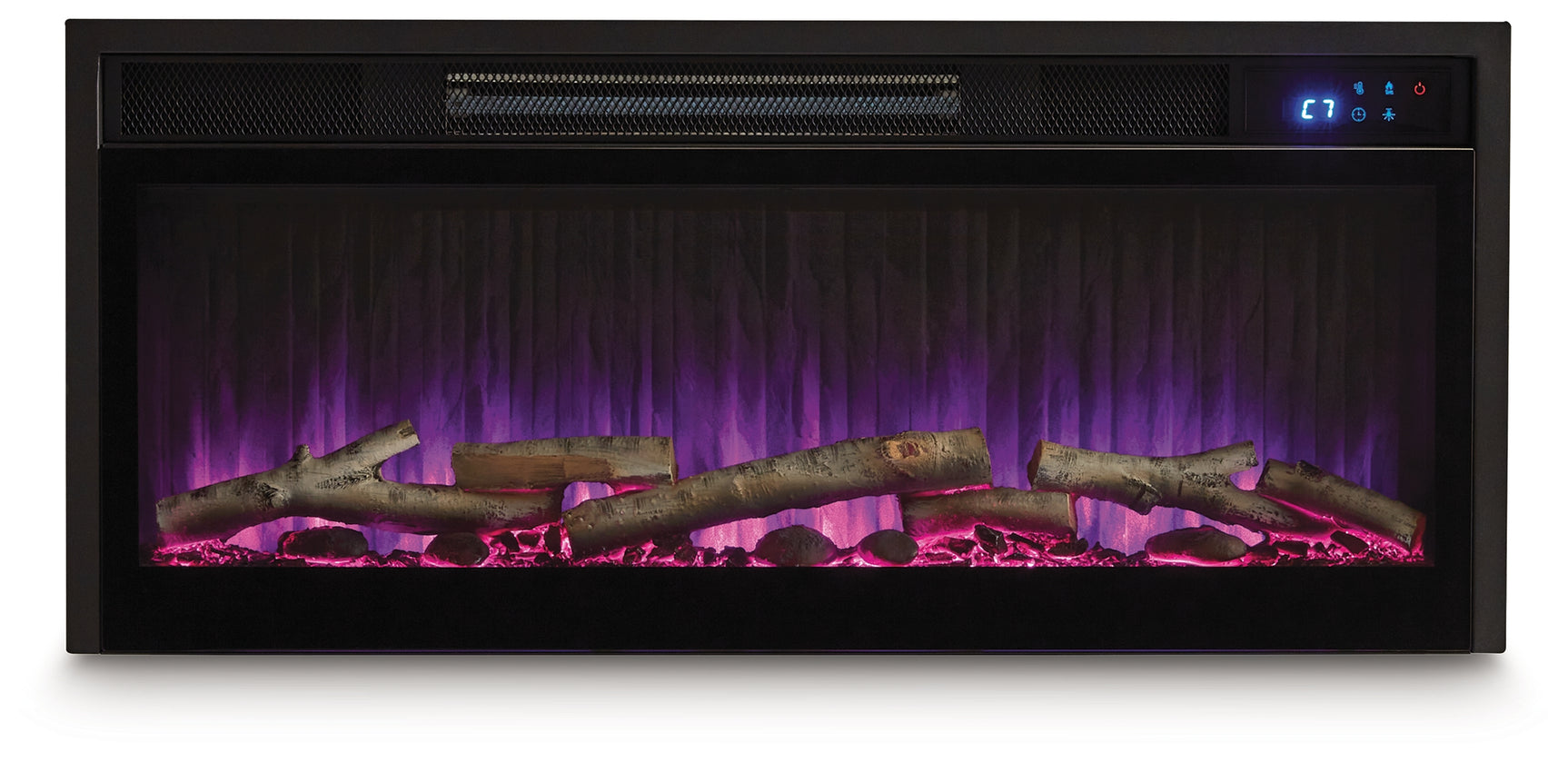 Electric fireplace insert head-on glowing purple flame