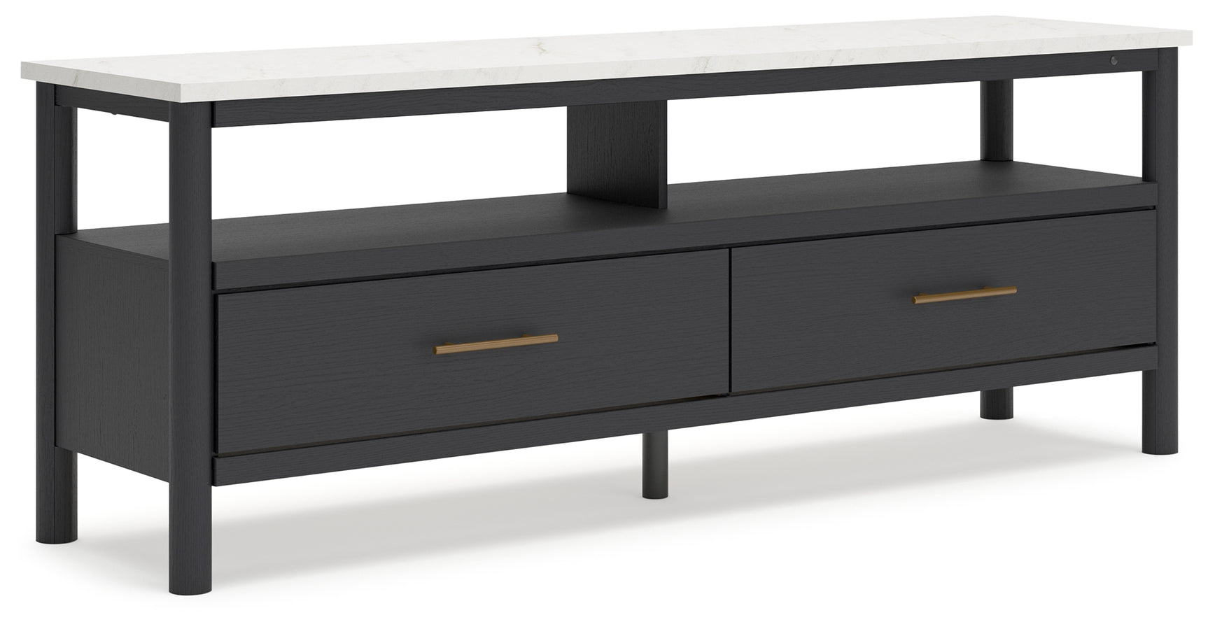 Angled side view of Cadmori TV stand showing marble top