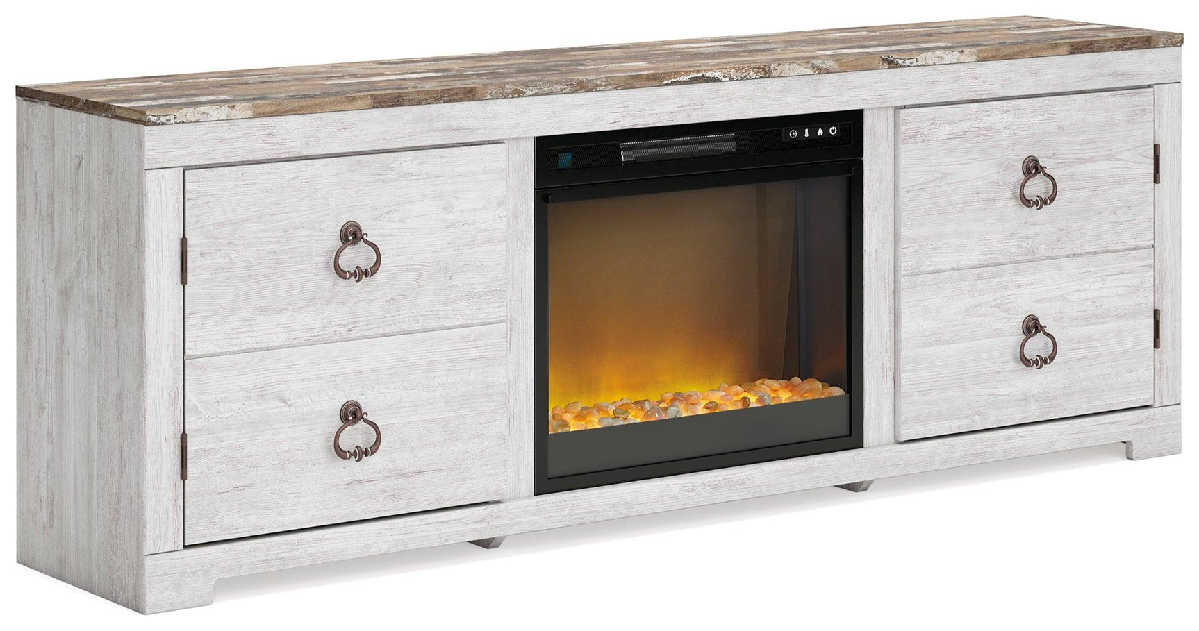 Side angle detail of Willowton Whitewash TV Stand with Electric Fireplace