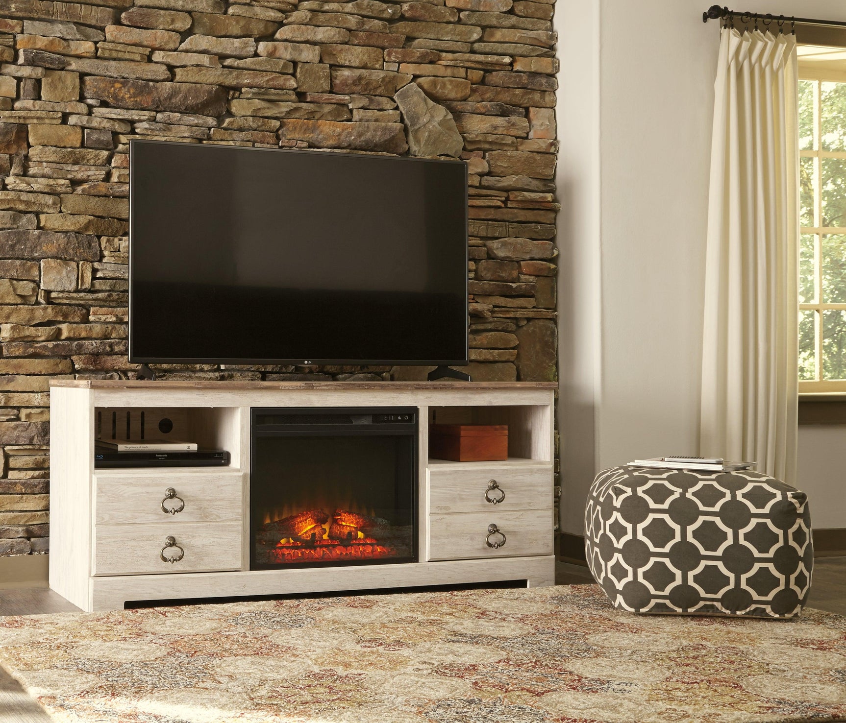 Willowton Whitewash TV Stand with fireplace insert space