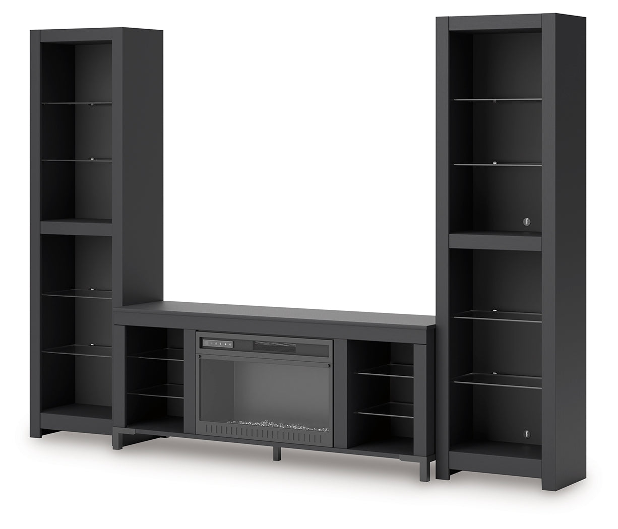 Backlit glass shelves on TV stand, blue LED lighting
