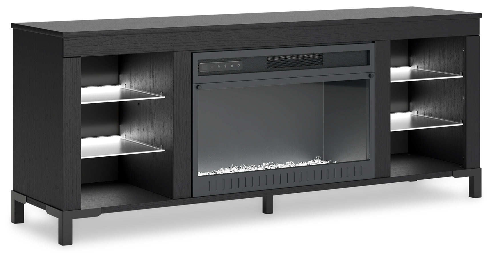 Close-up of the electric fireplace insert in TV stand
