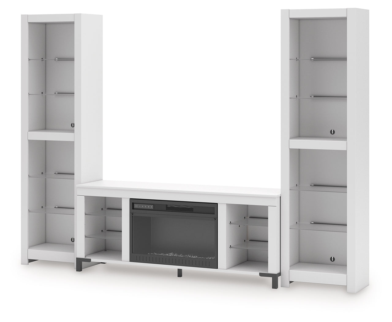 Backlit glass shelves on TV stand with blue LED lights