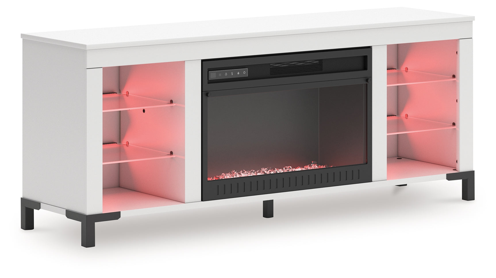 TV stand with red LED lighting on shelves and fireplace