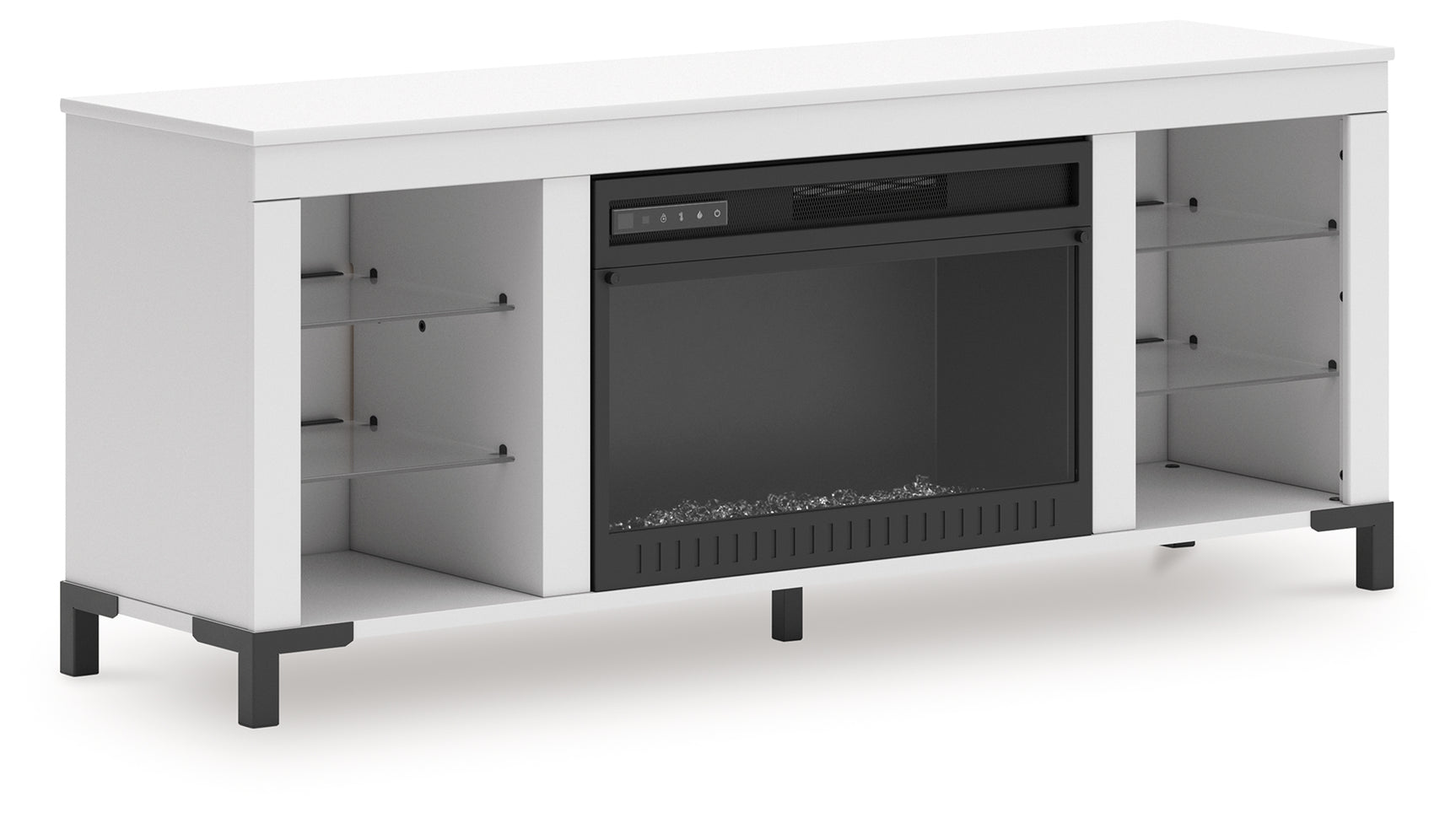 Side angle of Brollevi white TV stand with electric fireplace