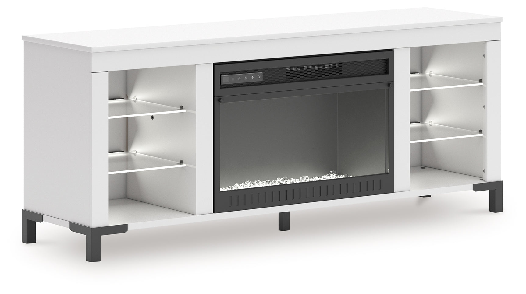 TV stand with white LED lighting on shelves and fireplace