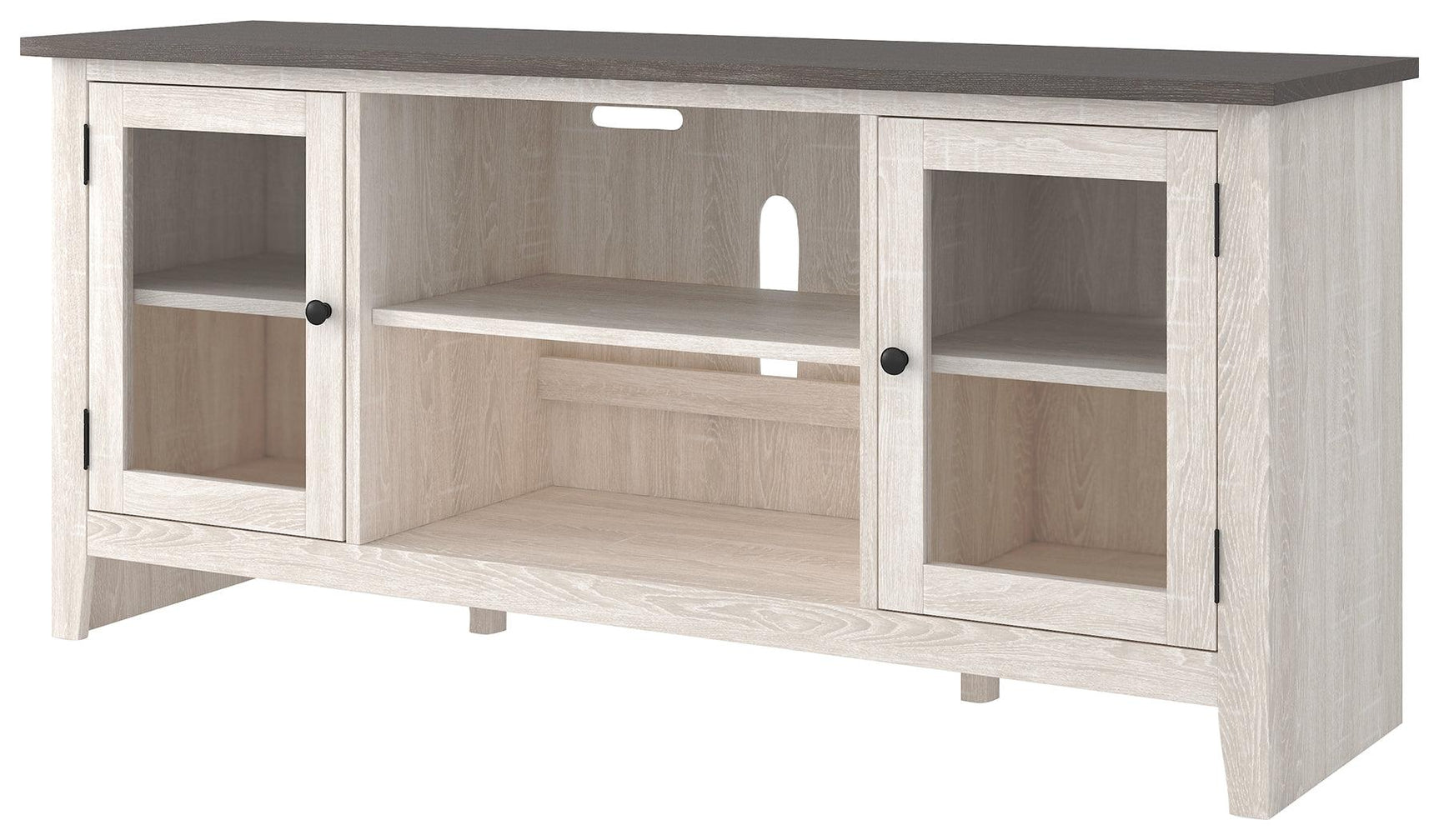 Dorrinson Two-tone 60-inch TV Stand close up of wire management cutout