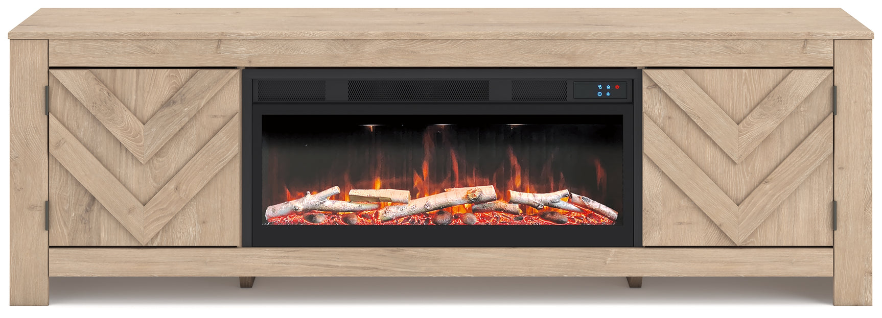 Head-on view of Cayboni TV stand with lit electric fireplace
