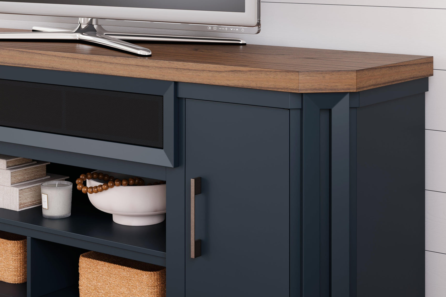 Landocken 83 inch brown and blue TV stand detailed close up
