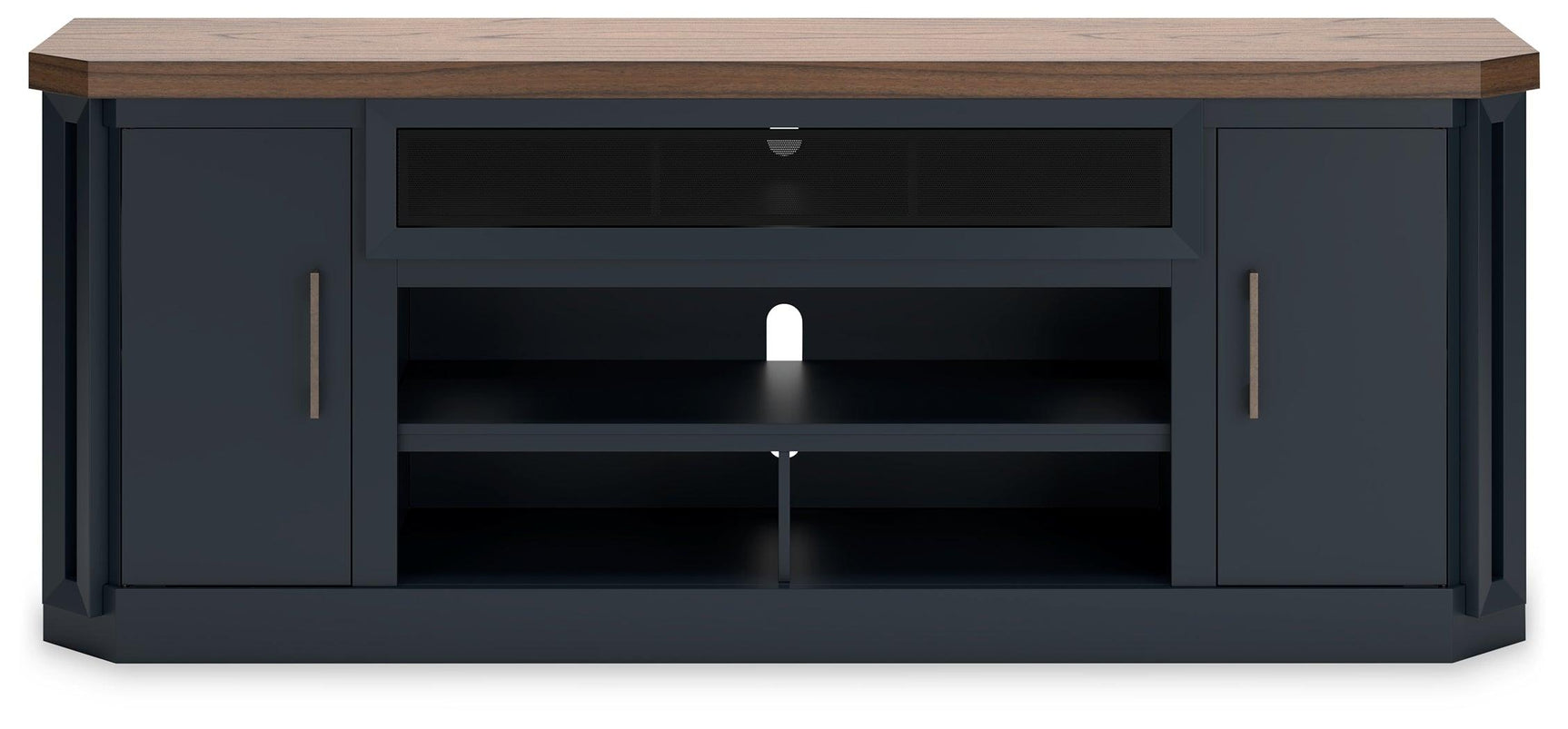 Landocken 83 inch brown and blue TV stand head on view