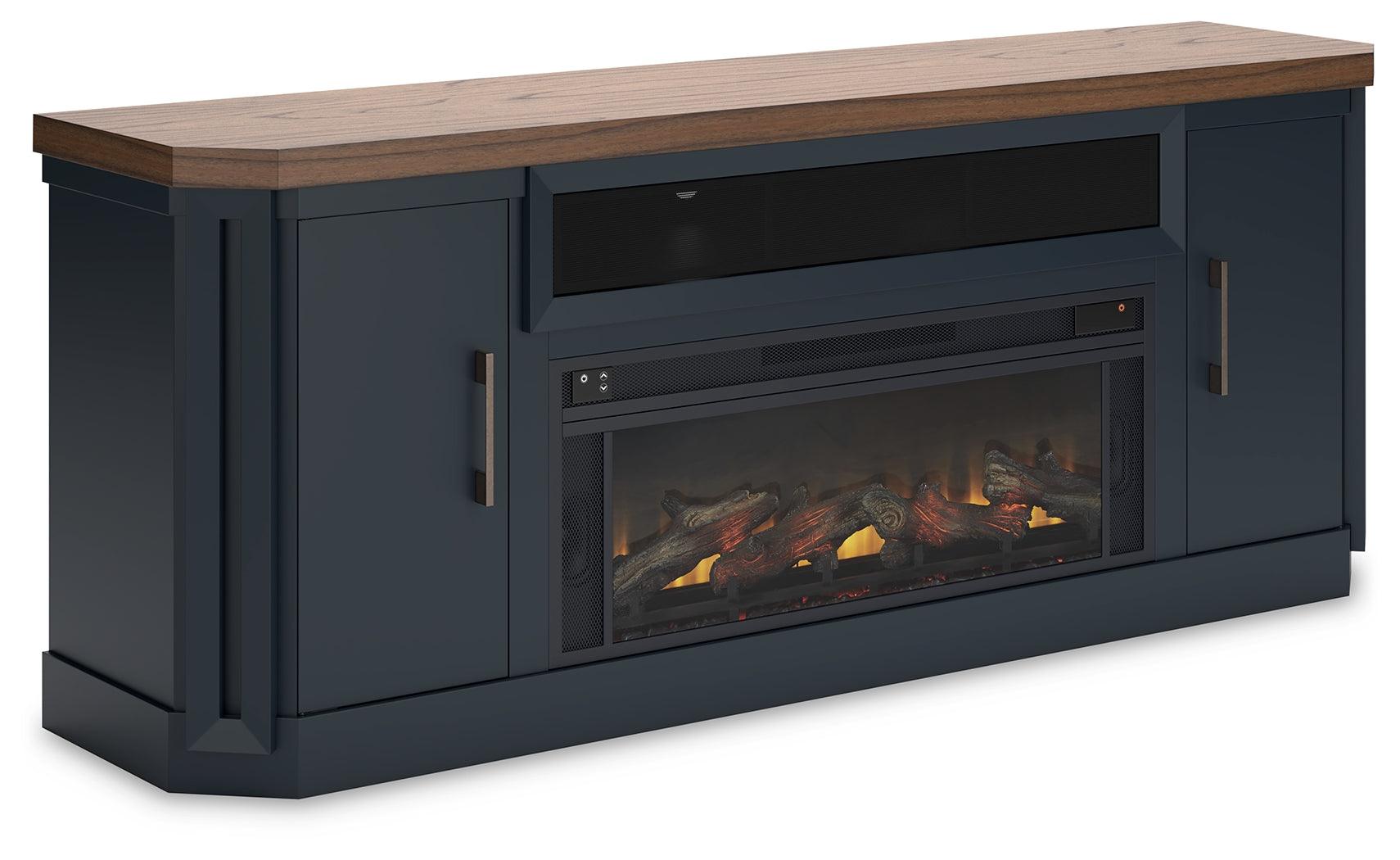 Landocken Two-Tone 83 inch TV Stand with Electric Fireplace close up on cabinet