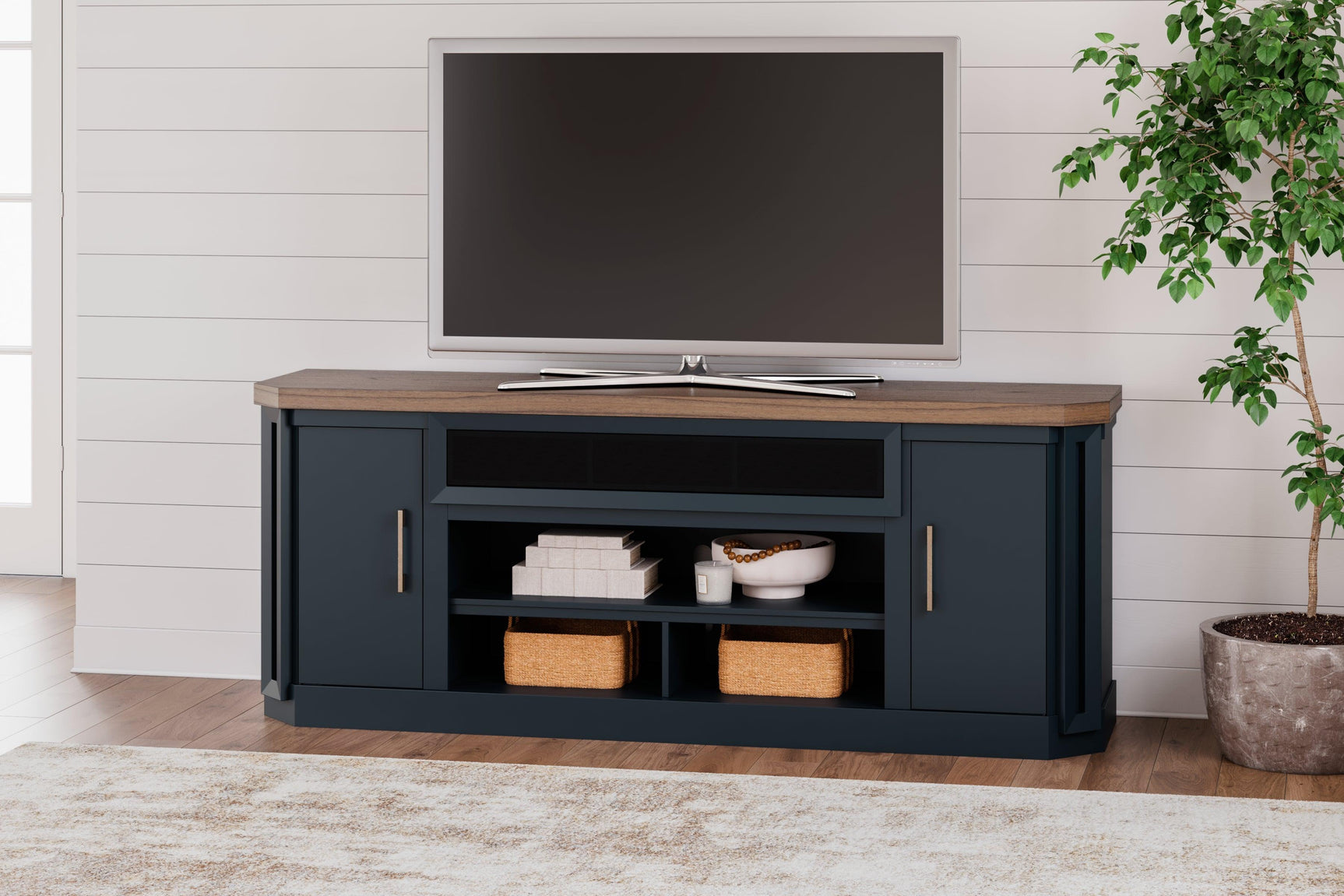 Landocken 83 inch brown and blue TV stand straight front view