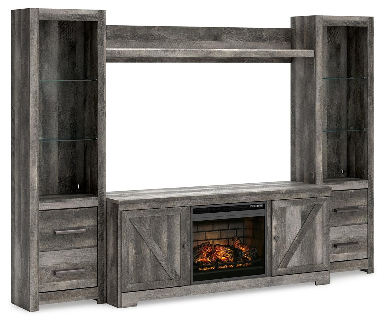 Wynnlow Gray Entertainment Center side pier with LED lighting and glass shelves