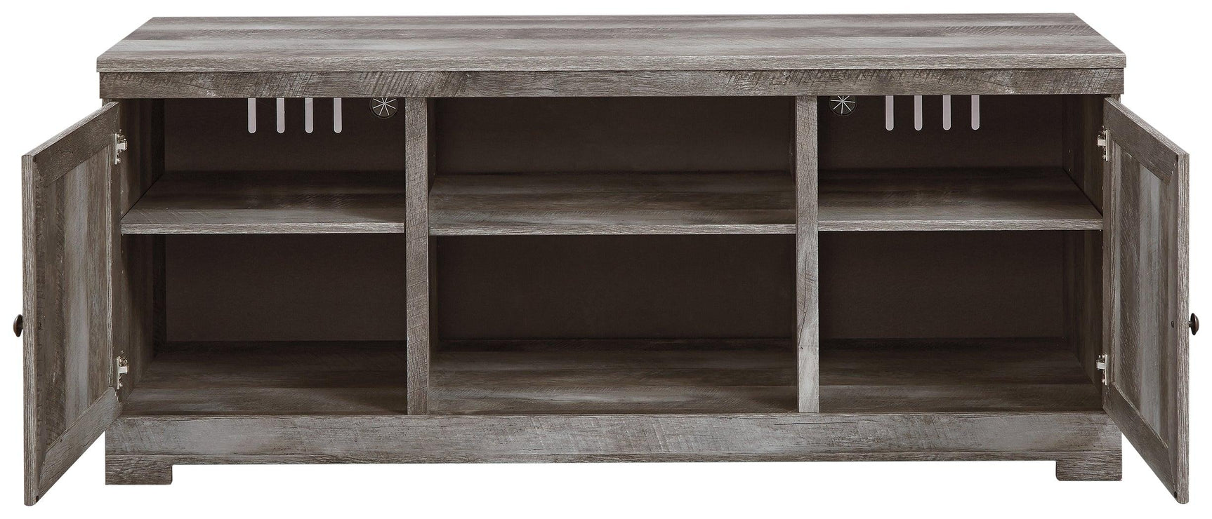 Wynnlow Gray 63 inch TV Stand close-up of crossbuck door detail