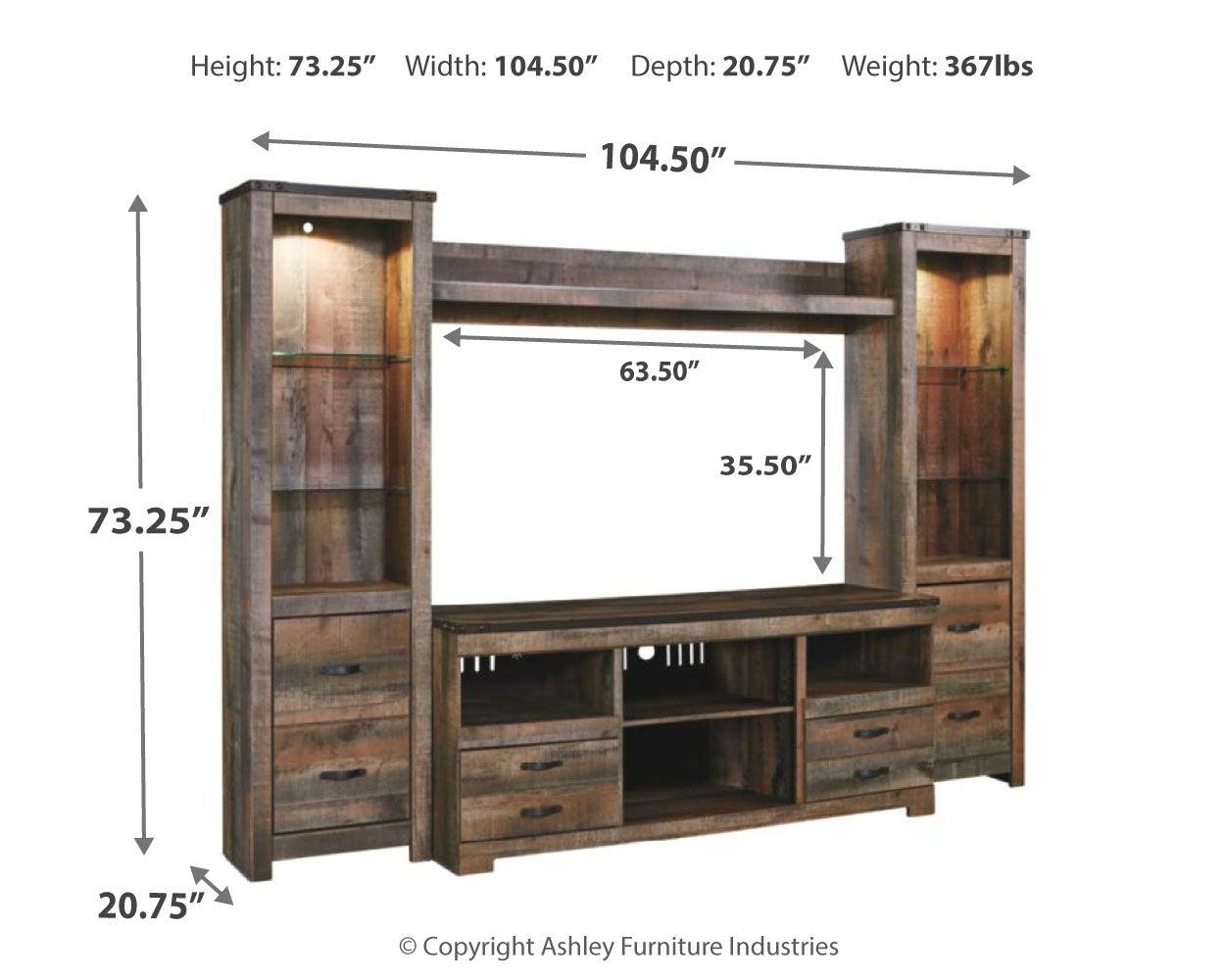 Trinell Brown 4-Piece Entertainment Center dimension specifications diagram