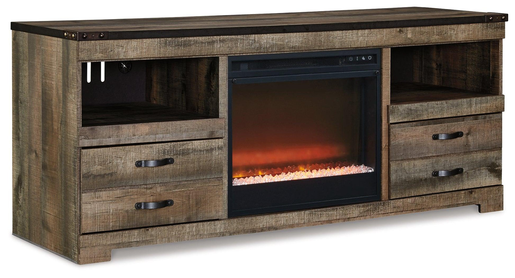 Side angle of Trinell Brown 63 inch TV stand showing drawers and cubbies