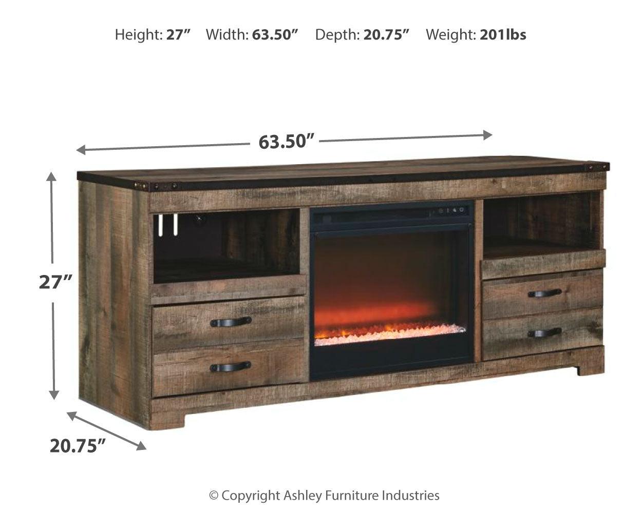 Dimension diagram of Trinell TV stand with electric fireplace