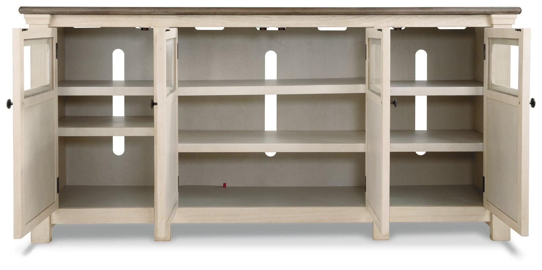 Bolanburg Two-tone 74 inch TV Stand close-up of black hardware