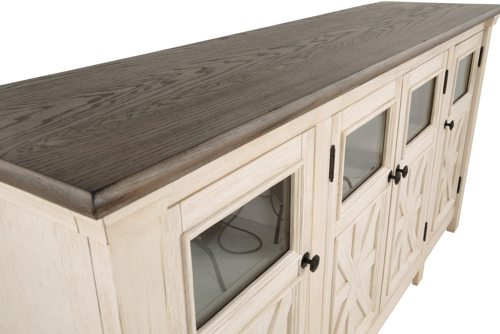 Bolanburg Two-tone 74 inch TV Stand door glass inlay detail