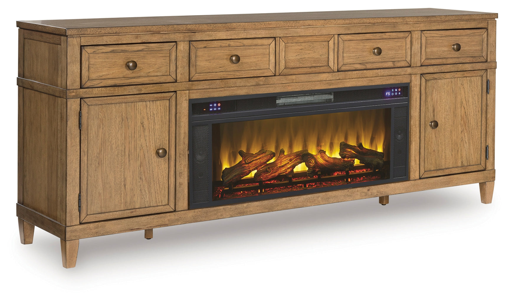 Sharlance TV stand side angle showing cabinets and drawers