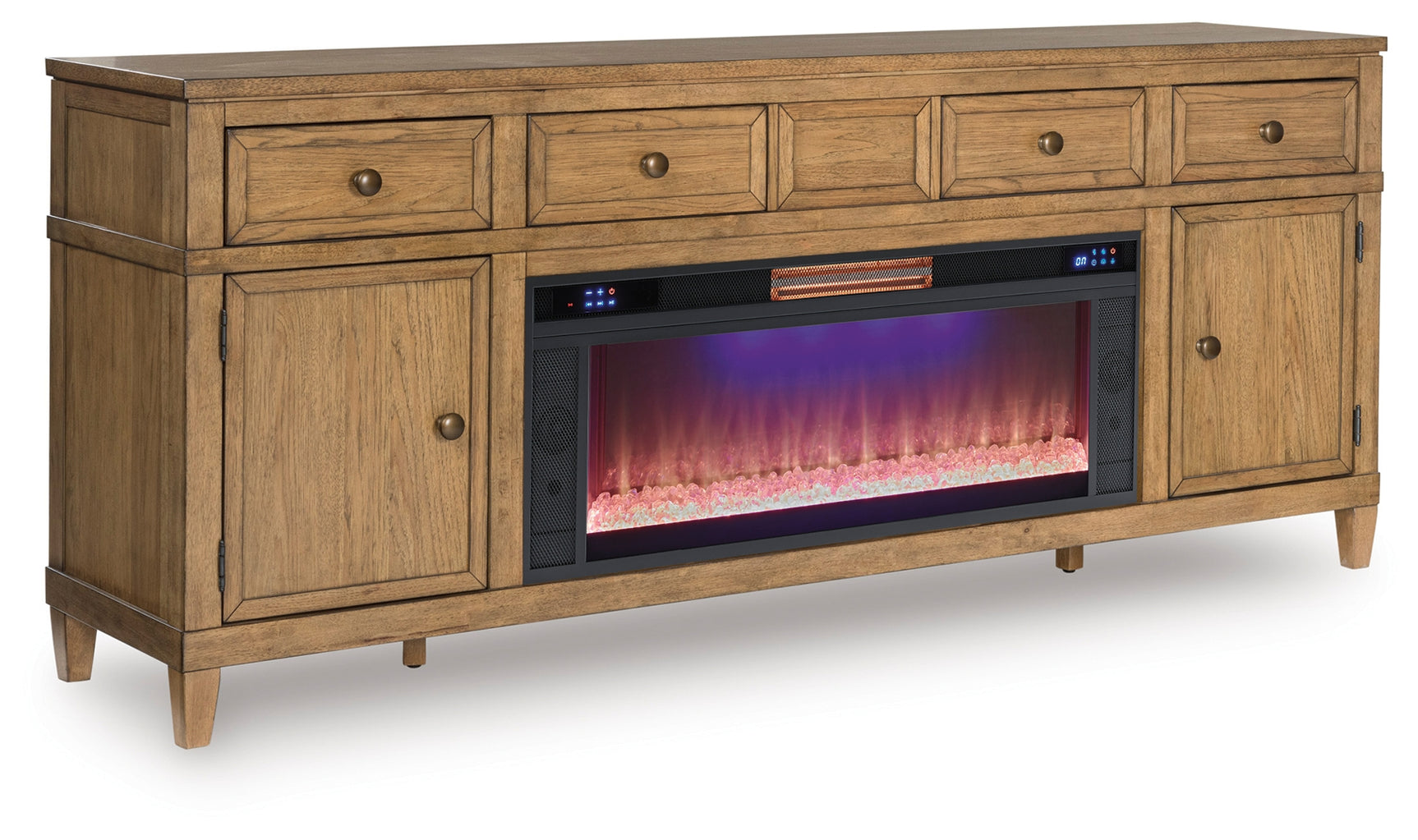 Top view showing storage compartments and wood finish
