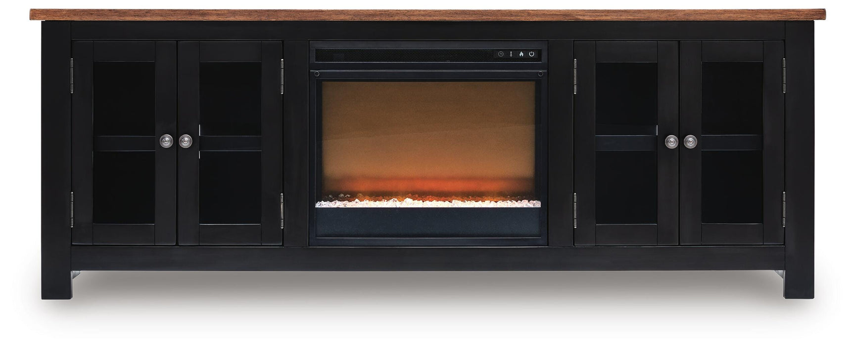 Side angle view of Wildenauer TV stand with electric fireplace