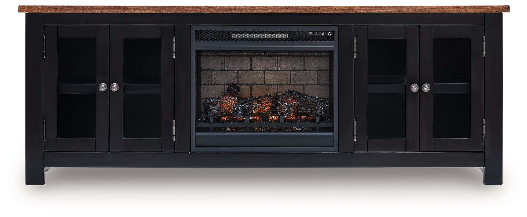 TV stand with electric fireplace remote control displayed