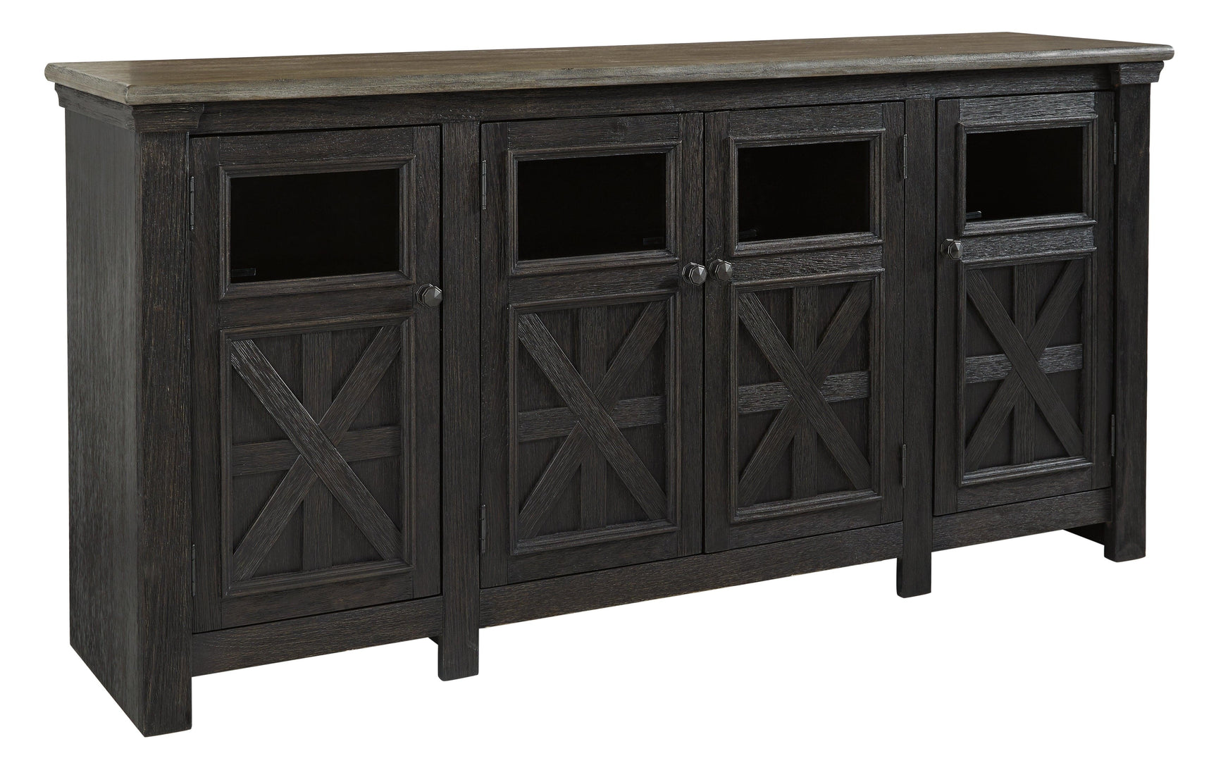 Tyler Creek TV stand side view showing storage doors