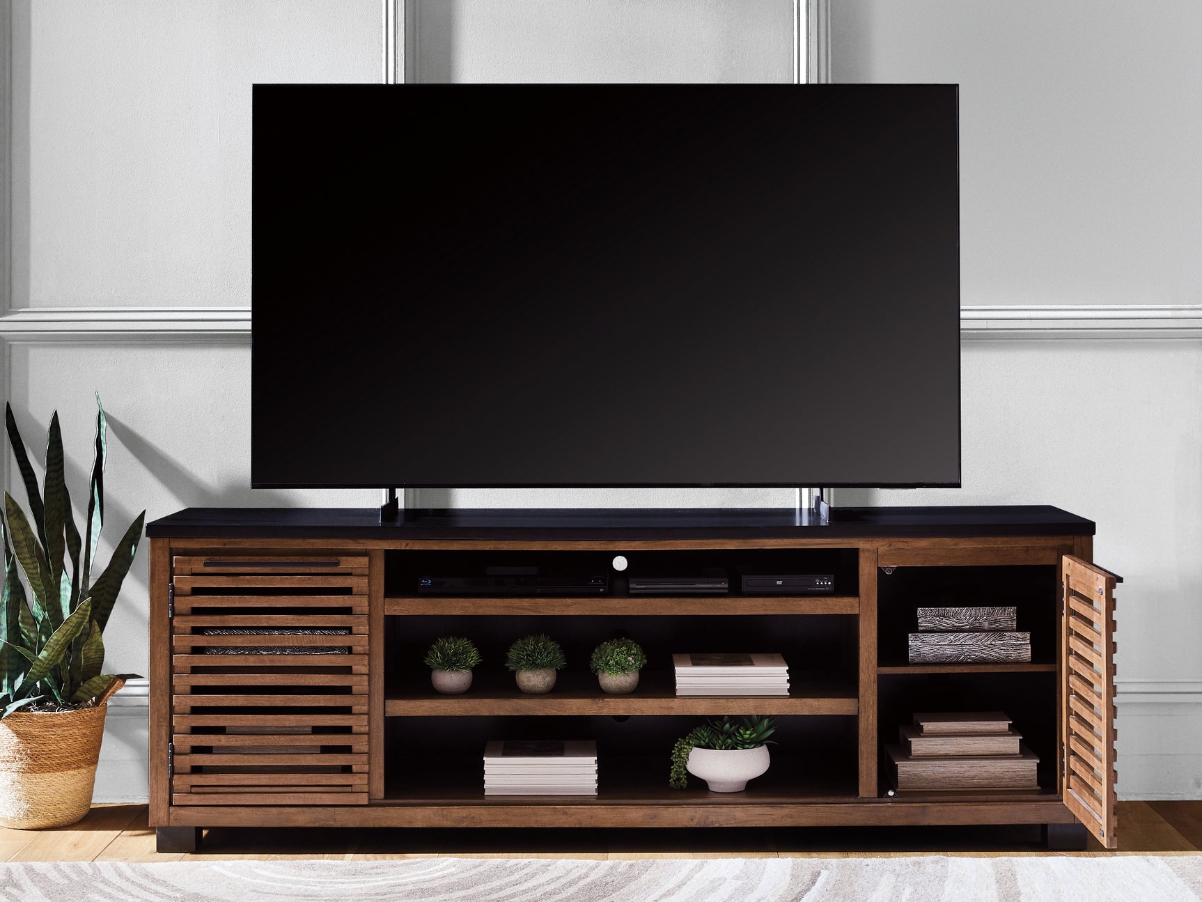 Kallari TV Stand open compartments detail