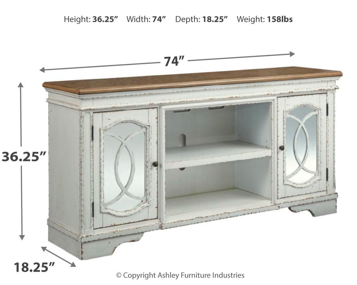 Realyn Chipped White 74 inch TV Stand dimension diagram