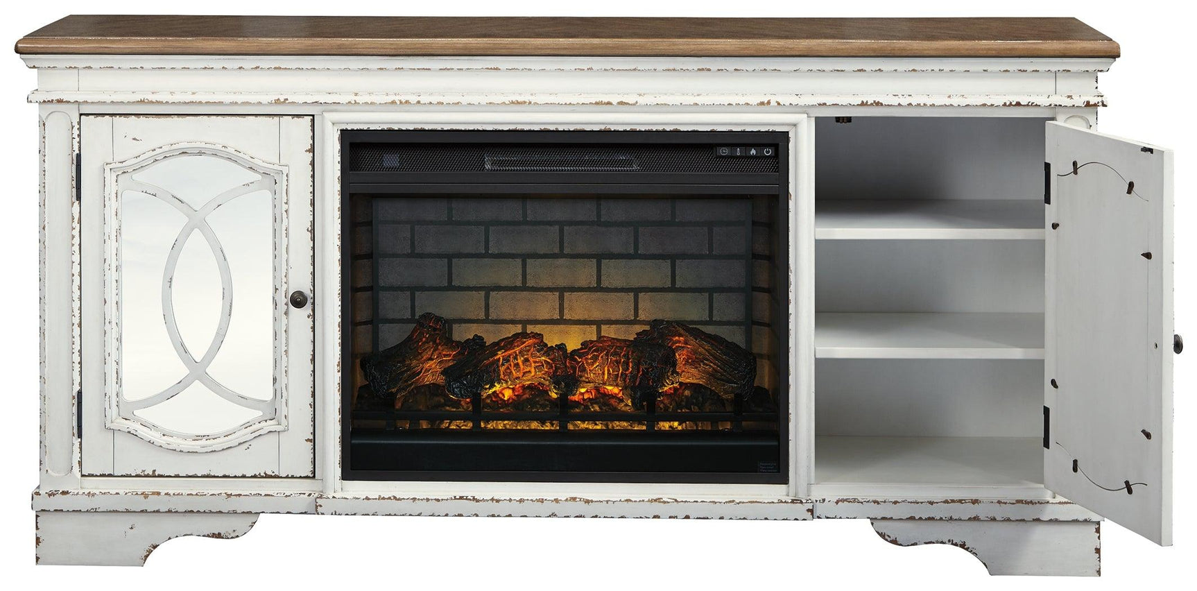 Head-on view of Realyn 74" TV stand with fireplace insert and mirrored cabinet doors
