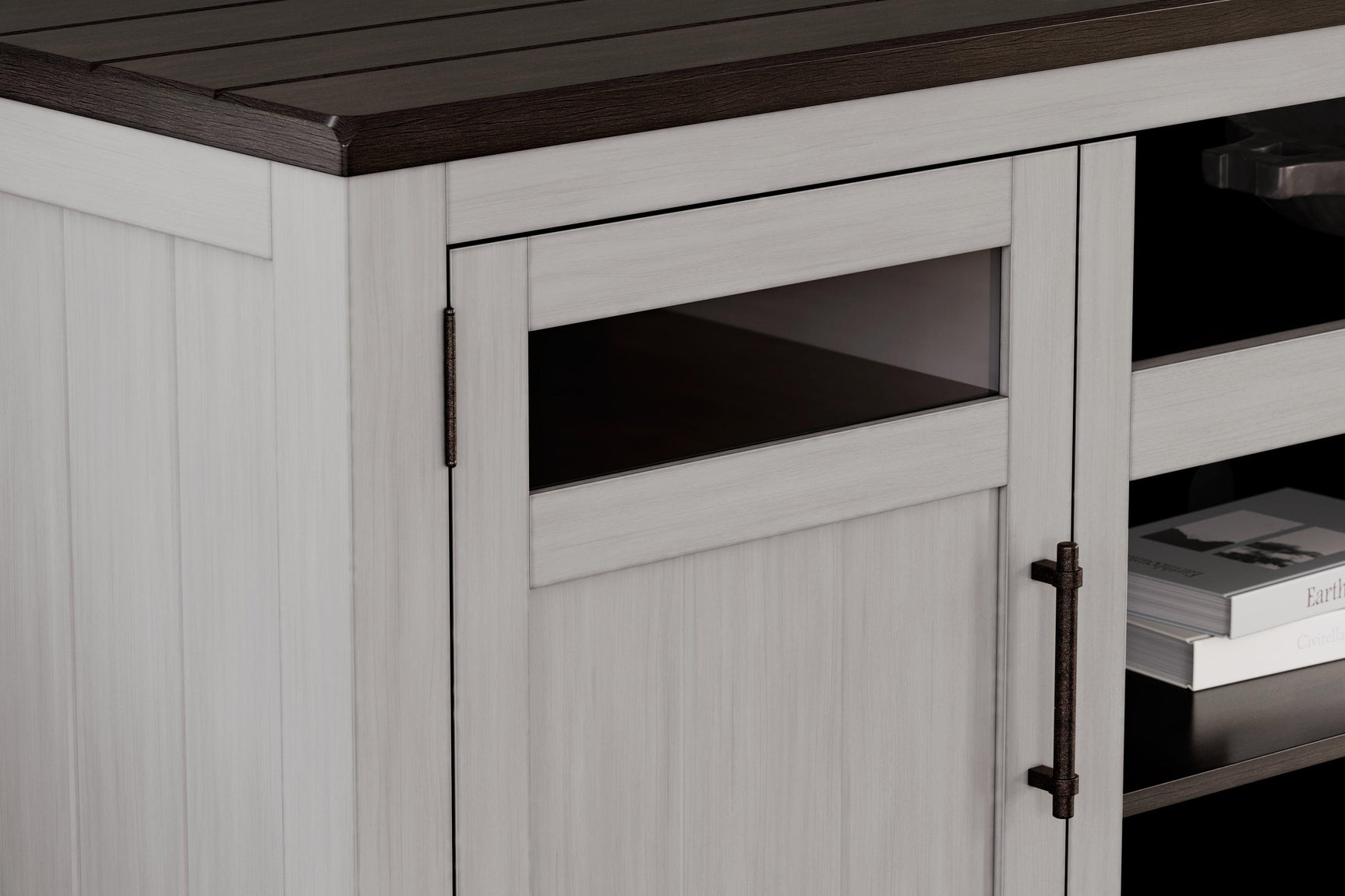 Close-up of two tone finish on Darborn gray and brown TV stand