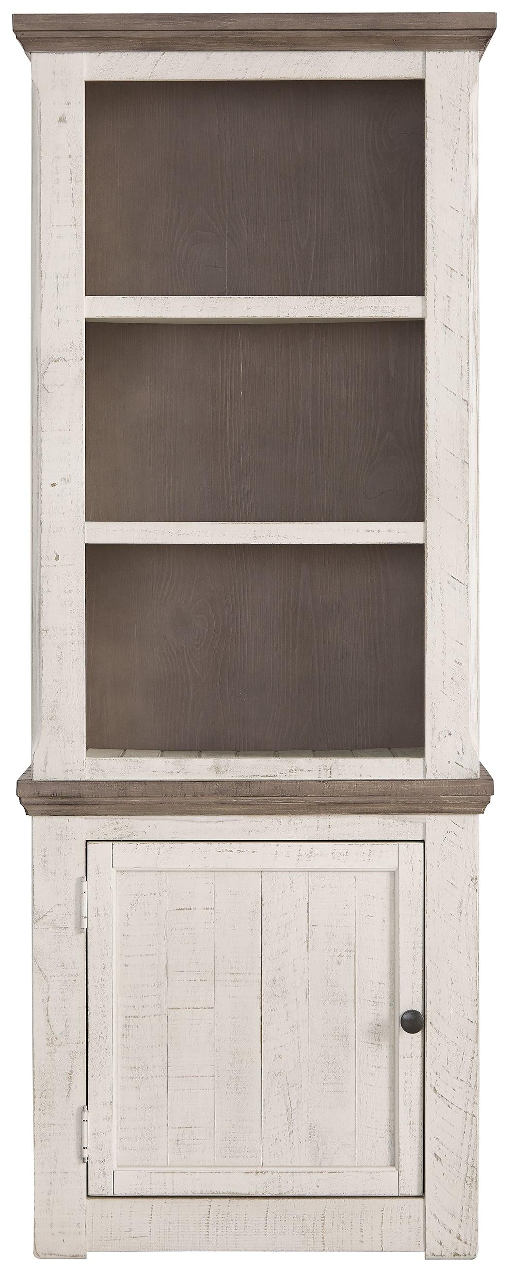 Havalance Two-Tone Left Pier Cabinet head-on view with open shelves and cabinet
